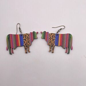 Rainbow Multicolor Animal Print Wooden Cow-Shaped Wire Dangle Earrings